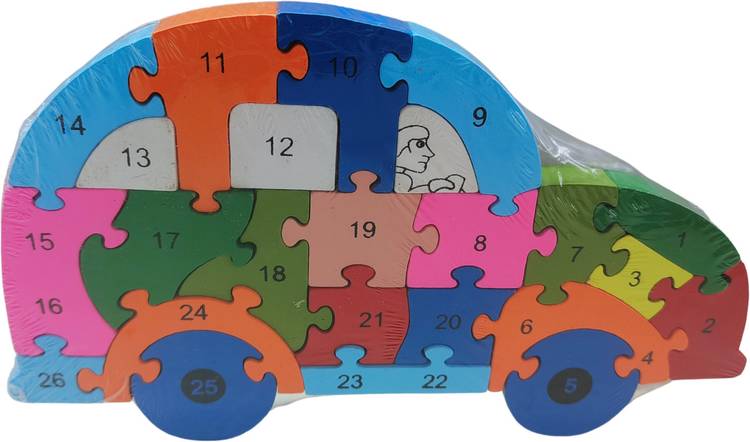HAPYDOSE Kids Gift/Return Gift A-Z and 1-26 Wooden Car 3D Puzzle with Goody Bag