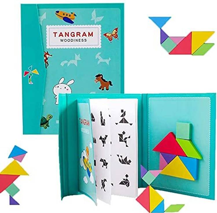 Bestie Toys Travel Wooden Tangram Puzzle Magnetic Pattern Block Book with Solution 3D Puzzle