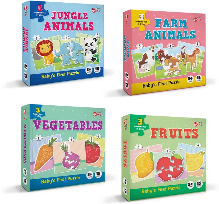 Little Berry Baby Puzzles Game for Kids (Set of 4): Jungle & Farm Animals, Fruits, Vegetables