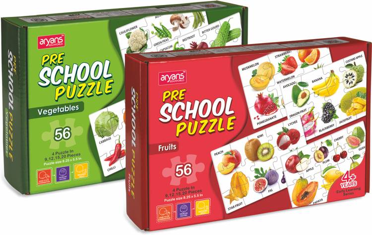 AryansEduworld Preschool Vegetable & Fruit Puzzle Combo Pack 2in1 set of 2 56pcs for kids 4+yrs