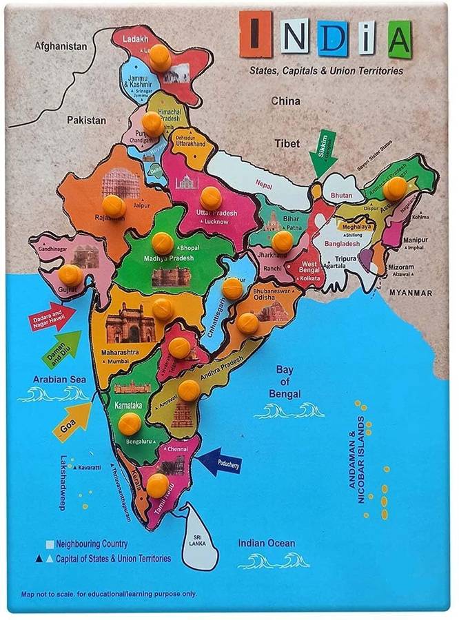 FRONY Wooden India Map Jigsaw Puzzle Learning Toys with Knobs for Kids & Students