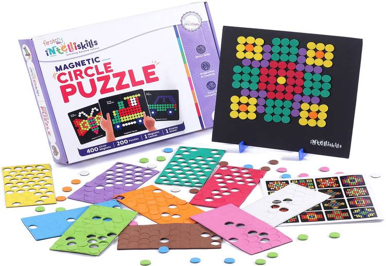 FIRSTCRY INTELLISKILLS 400 Pcs Colourful Magnetic Circle Puzzle for Kids|200+ Patterns Magnetic Shapes