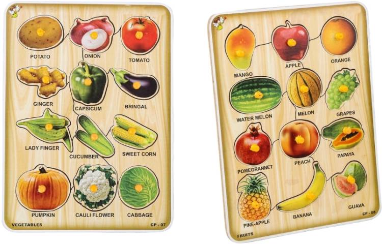 FUNTEEN Fruit & Vegetable Wooden Puzzle Combo (2 Wooden Boards)