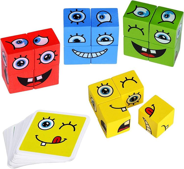 Reyhan Wooden Emoji Cube face Changing Game for Kids | 16 Cubes 64 Cards