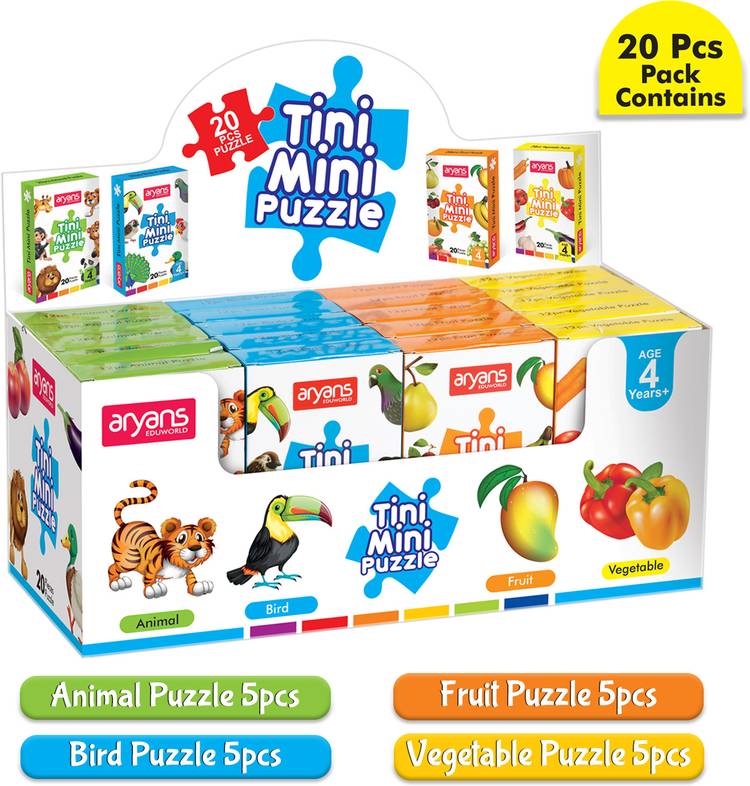 AryansEduworld Tini Mini Puzzle, 20 puzzle set 4Sub Animal Bird Veg & Fruit 20Pcs Each Giftset