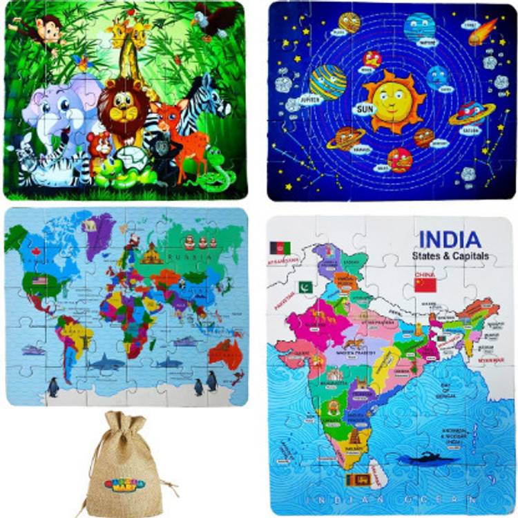 Mastermart 4in1 Jigsaw Puzzle for Kids - in Eco Friendly Jut Potli , India Map , World Map , Solar, Jungle Puzzle