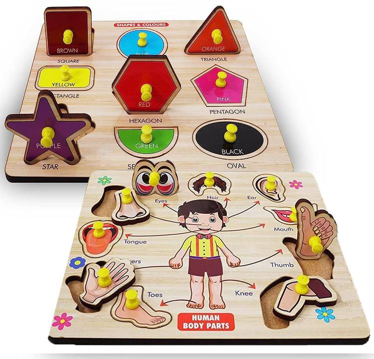 SHALAFI Set of 2 Human Parts Of Body Name Wooden Puzzle + Geometric Shape Matching Toys