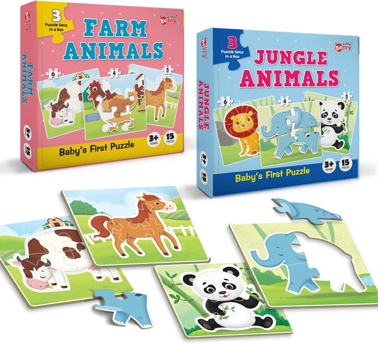 Little Berry Puzzles for Kids: Jungle & Farm Animal -Set of 2 Jigsaw Puzzles Puzzle Game Toys