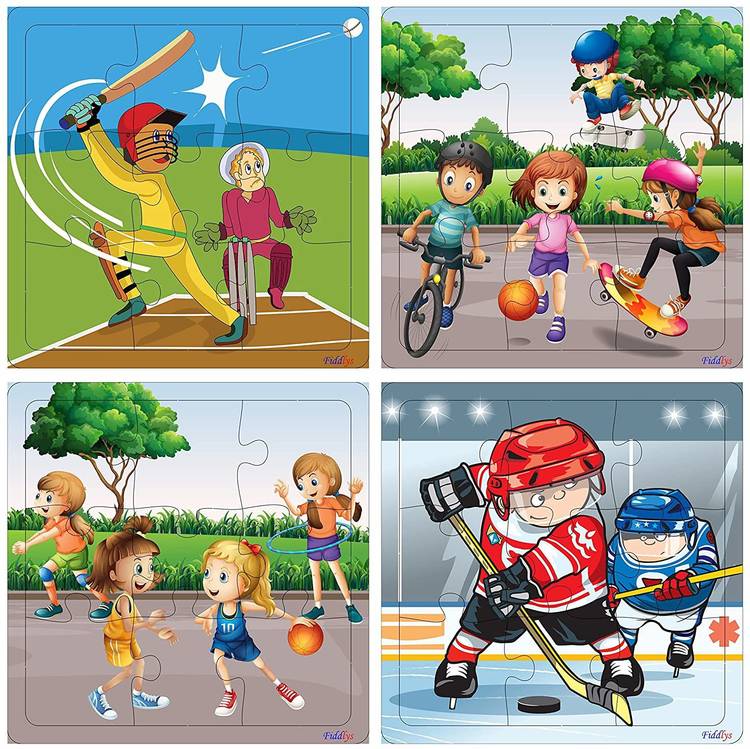 Fiddlys Wood Jigsaw Puzzles for Kids & Children -9 Pieces Age 3+ (Sports - Pack of