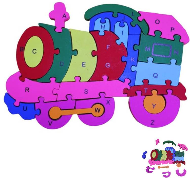 HAPYDOSE Kids Gift/Return Gift A-Z and 1-26 Wooden Train 3D Puzzle with Goody Bag