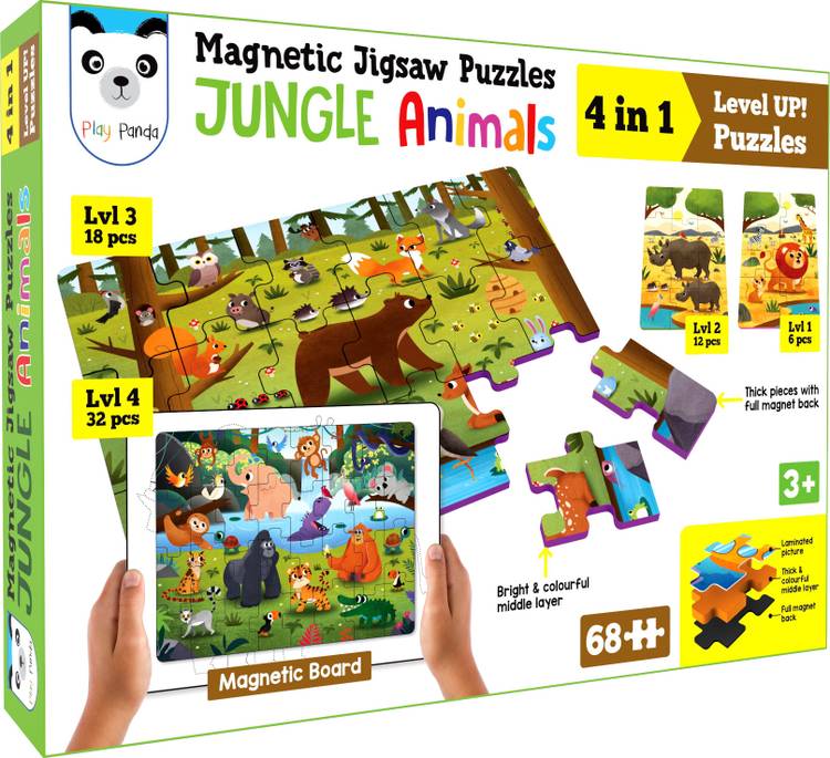 PLAY PANDA Magnetic Jigsaw Jungle Animals Activity Box, 4 puzzles, GK Facts, Learn to draw