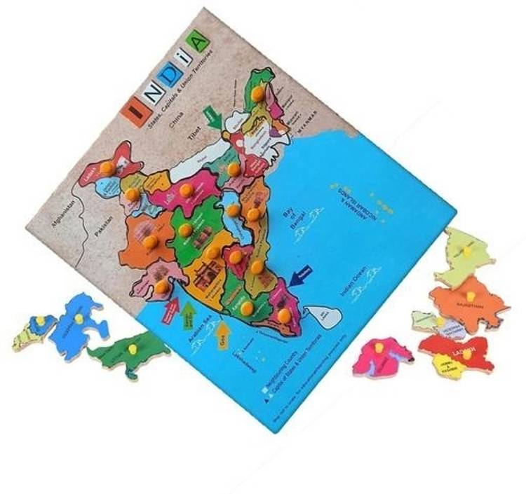 PopPlop India Map Wooden Knob Jigsaw Puzzle Tray for Kids - Learn Indian States Capitals