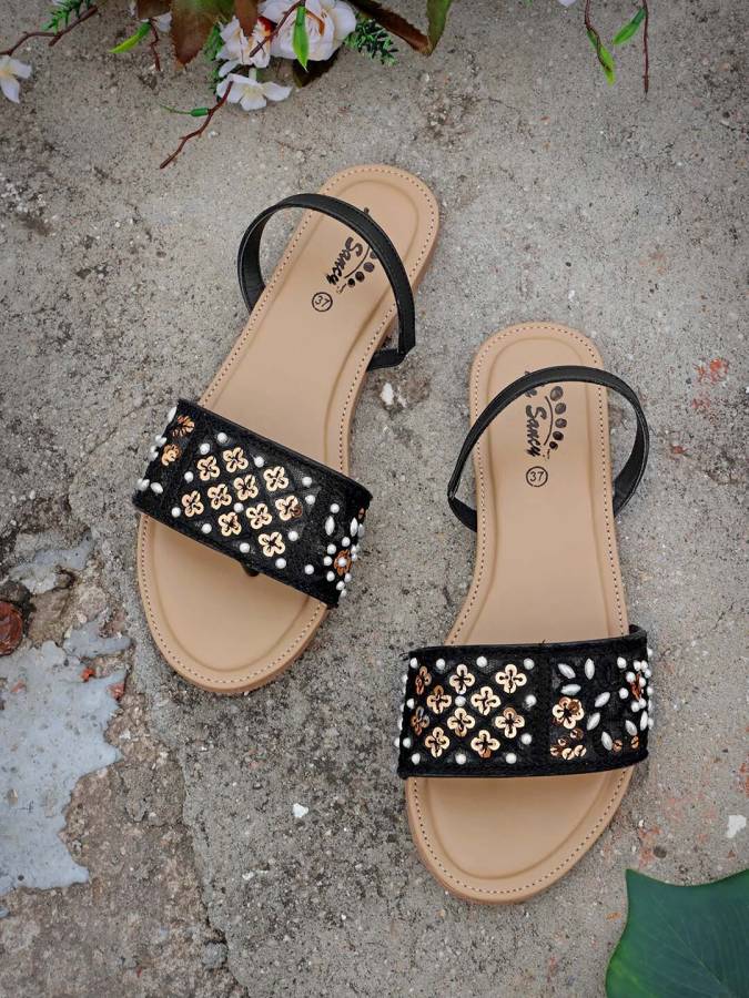 Women Embroidered Slip-on Back Strap Flat Sandals | Festive, Fashion And Ethnic Flats Black Flats Sandal Price in India
