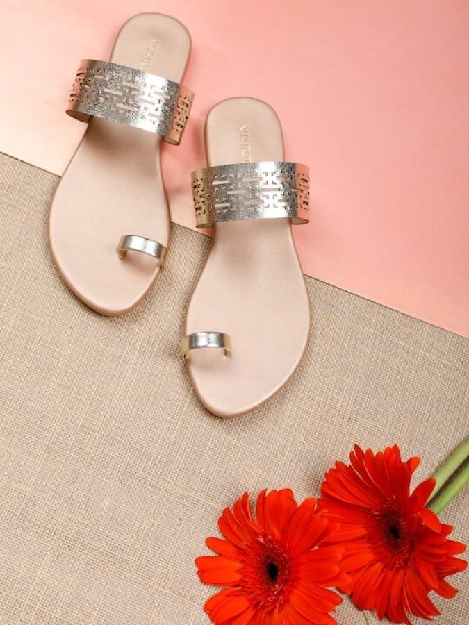 Women Beige, Silver Flats Sandal Price in India