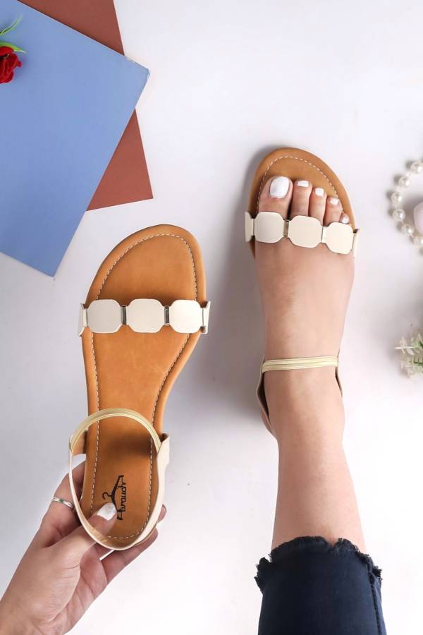 Women Off White Flats Sandal Price in India