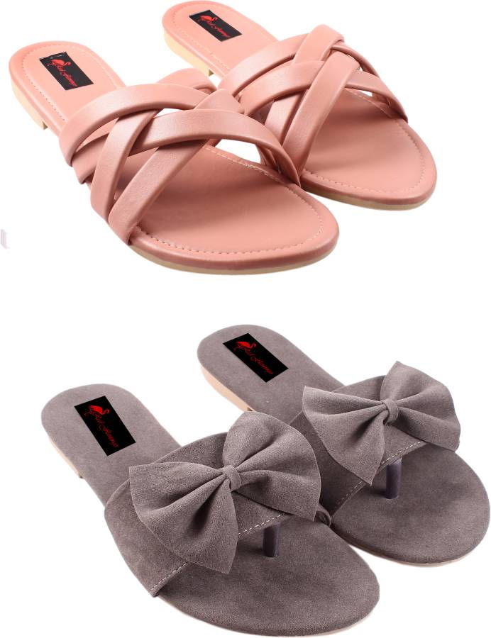 Women Grey, Red Flats Sandal Price in India