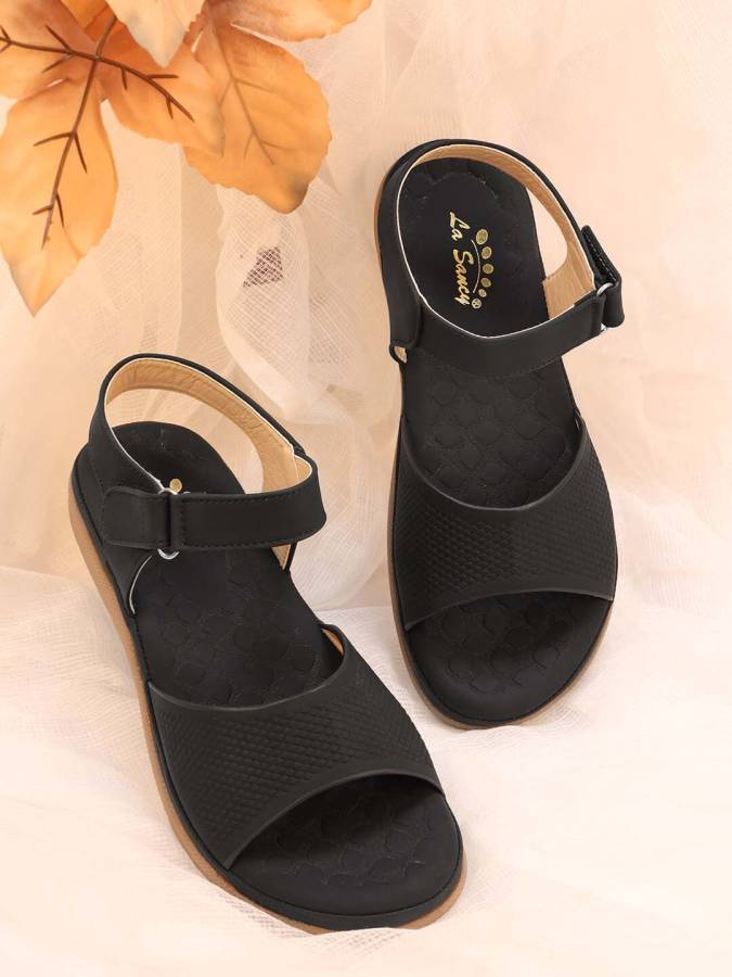 Women Ankle-Strap COMFORT Flat Sandals | Soft Cushioned Footbed | Heel Height: 1 Inch Black Flats Sandal Price in India