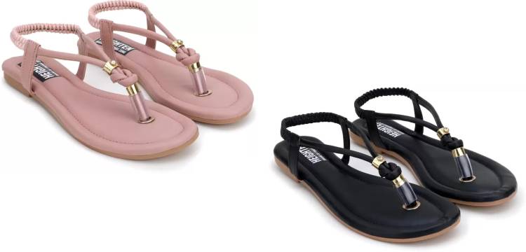 Women Black, Pink Flats Sandal Price in India