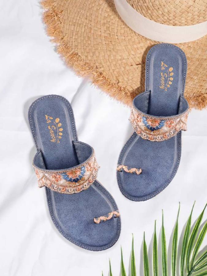 Women Embroidered Slip-ons Ethnic Flats Sandals | Toe-Ring Festive Kolhapuri Chappals Blue Flats Sandal Price in India