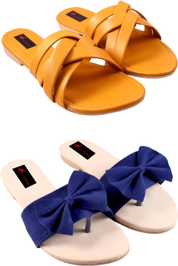 Women Blue, Yellow Flats Sandal Price in India
