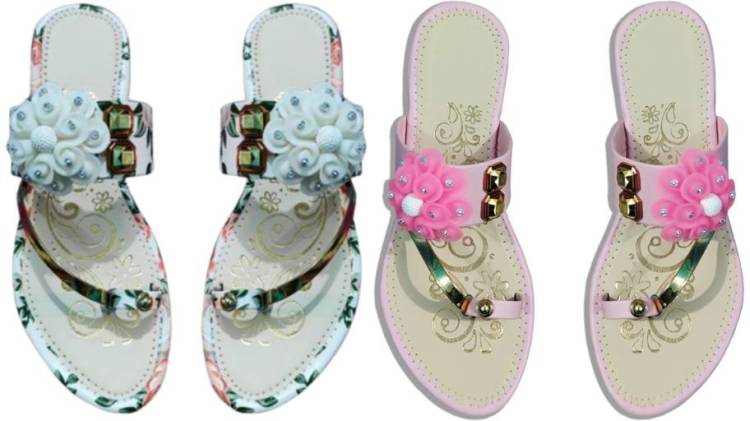 Women Pink, White Flats Sandal Price in India