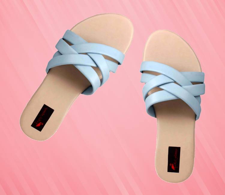 Women Blue, White Flats Sandal Price in India