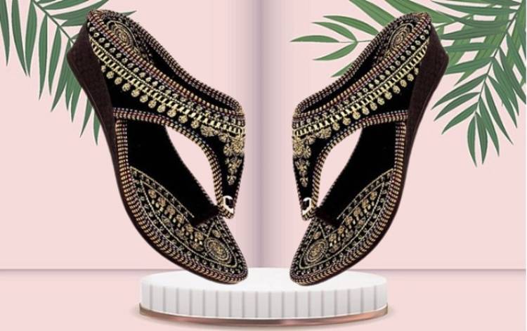 Women Black, Gold Flats Sandal Price in India