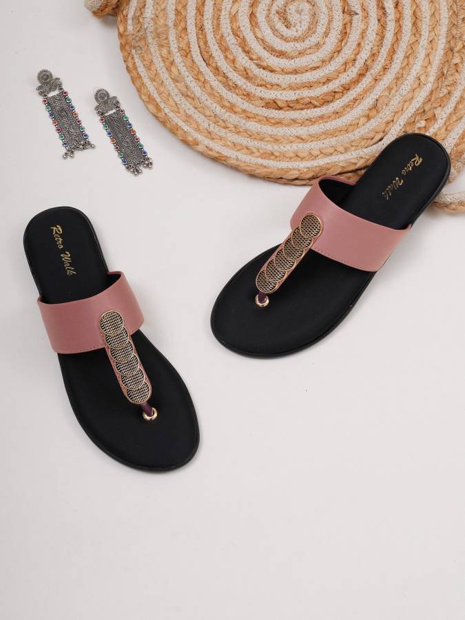 Women Pink, Black Flats Sandal Price in India
