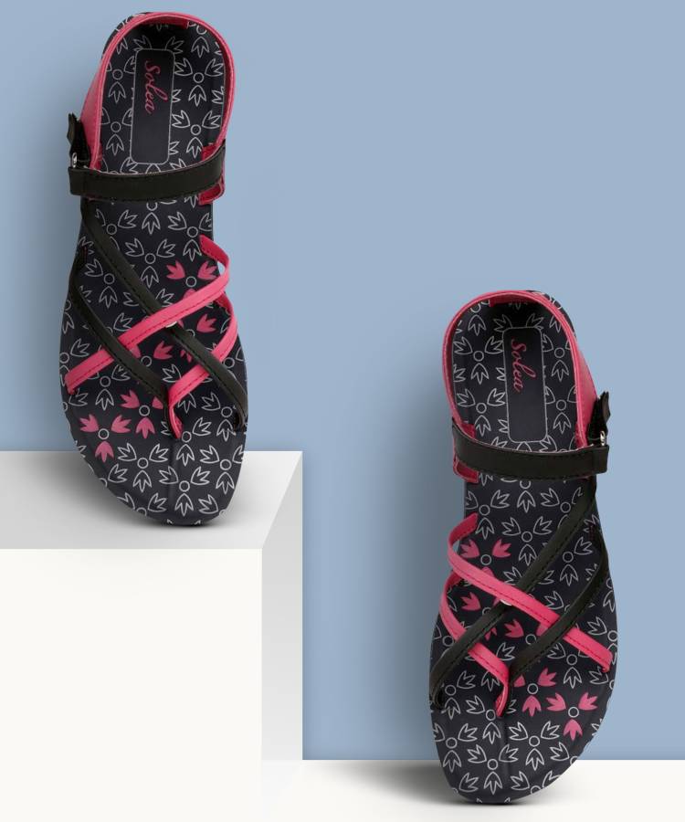Women PU7125L Pink, Black Flats Sandal Price in India