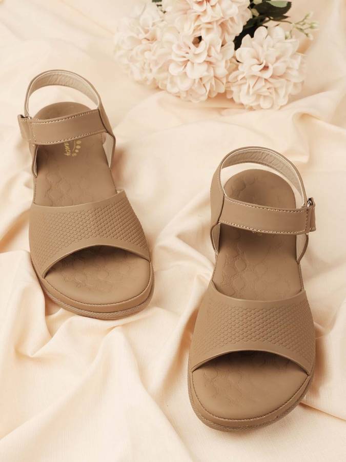 Women Ankle-Strap COMFORT Flat Sandals | Soft Cushioned Footbed | Heel Height: 1 Inch Beige Flats Sandal Price in India