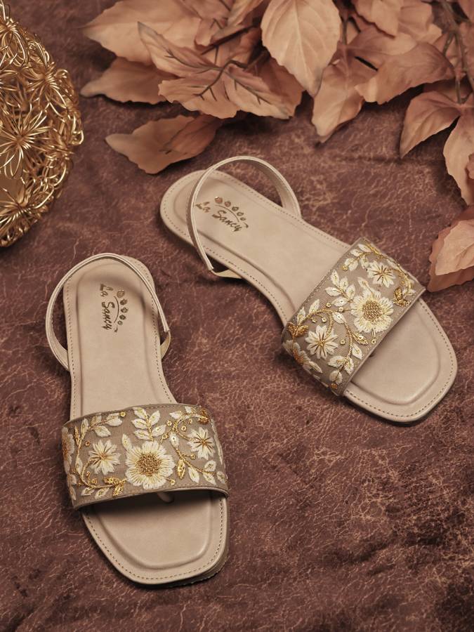 Women Floral Embroidered Slip-on Back Strap Flat Sandals | Festive and Ethnic Flats Beige Flats Sandal Price in India