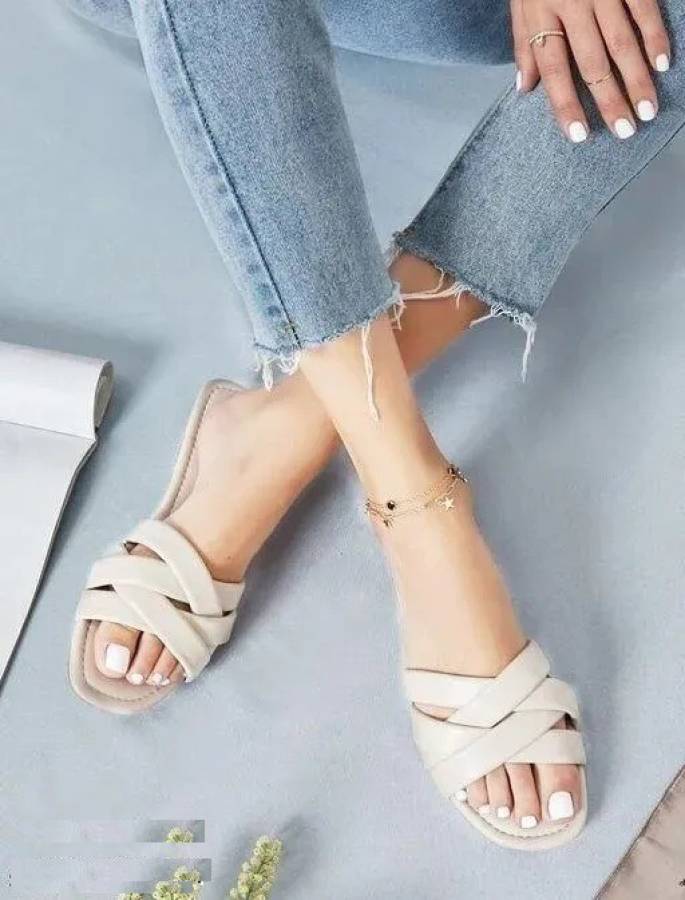 Women Fashion Sliders l Stylish Flat Sandals For Women's l Slippers For Party, Wedding White Flats Sandal Price in India