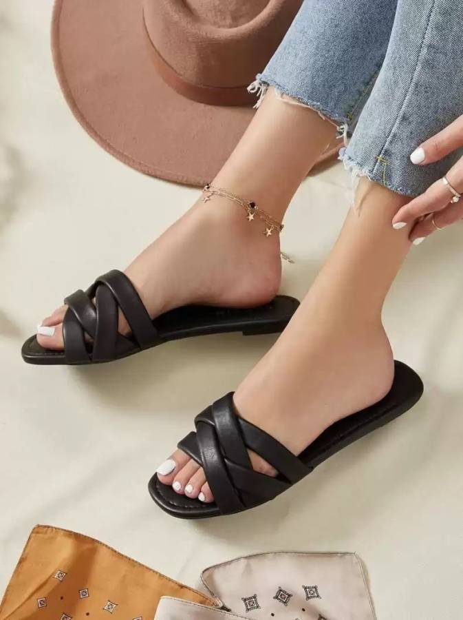 Women Fashion Sliders l Stylish Flat Sandals For Women's l Slippers For Party, Wedding Black Flats Sandal Price in India