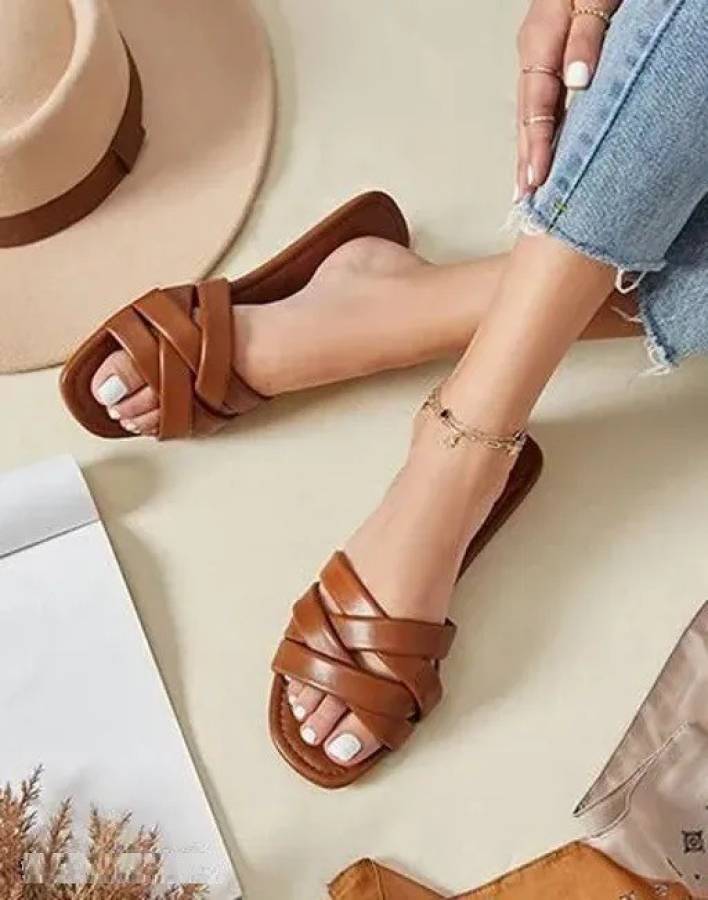 Women Fashion Sliders l Stylish Flat Sandals For Women's l Slippers For Party, Wedding Tan Flats Sandal Price in India