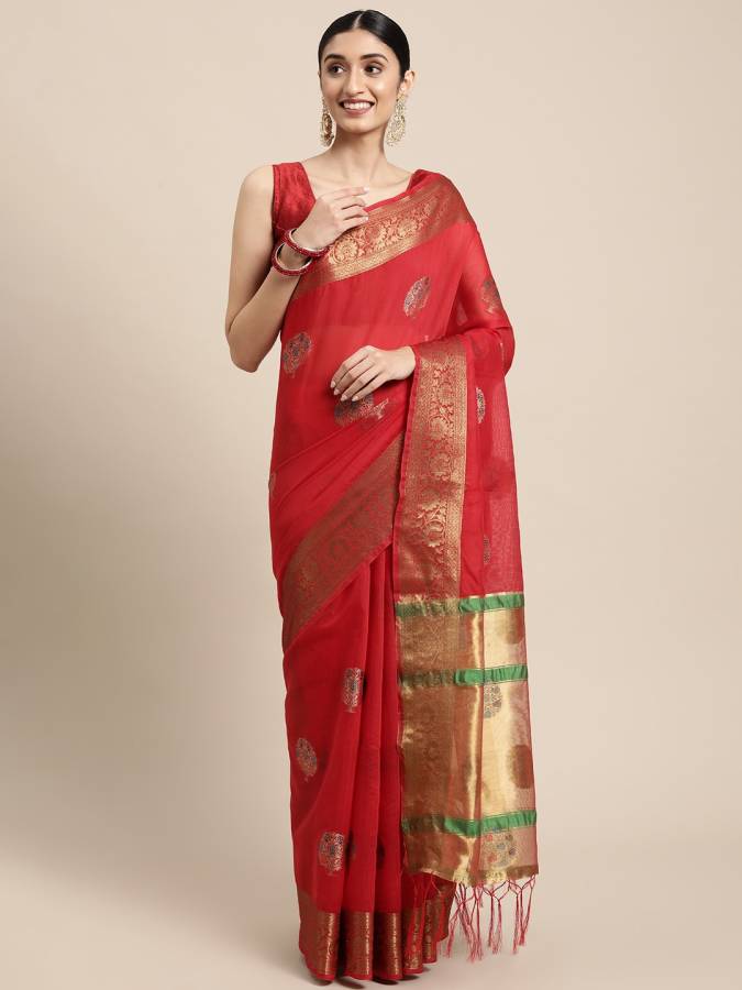 Embroidered, Woven Chanderi Cotton Blend Saree Price in India