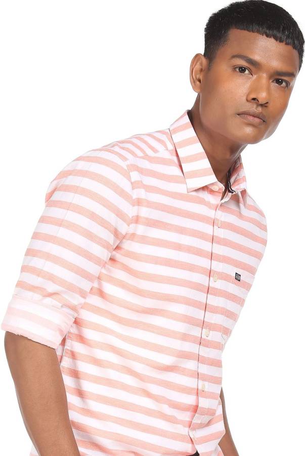 Men Slim Fit Striped Cut Away Collar Casual Shirt Price in India