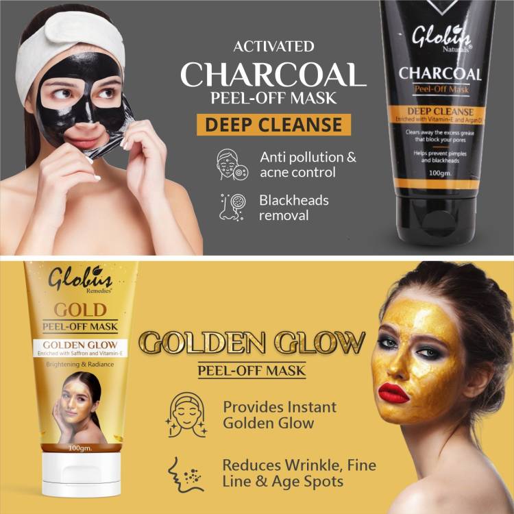 GLOBUS NATURALS Charcoal & Gold Peel Off Mask Combo Pack|Removes Blackheads|Golden Glow&Radiance Price in India
