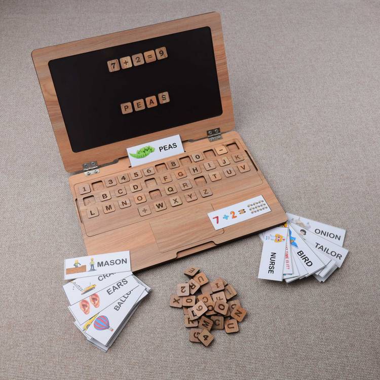UnitedMaama Wooden Leptop Matching Letters Toy with Flash Card Words Toy for Kids (96+Card)