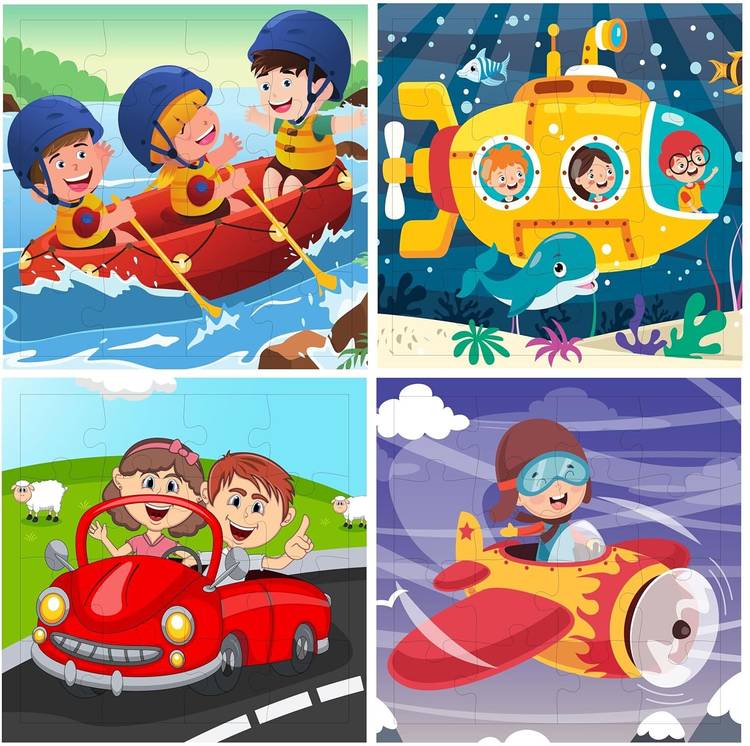 Fiddlys Wooden Jigsaw Puzzles for Kids Ages 3+ (Vehicles World Pack of 4)