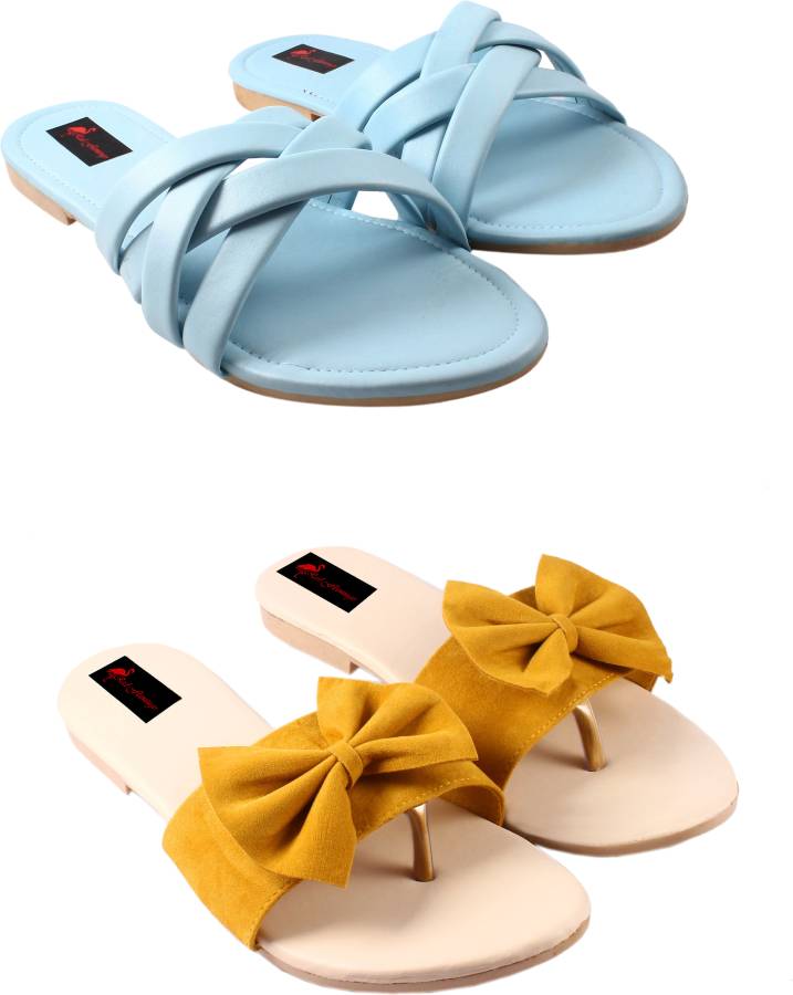 Women Yellow, Blue Flats Sandal Price in India