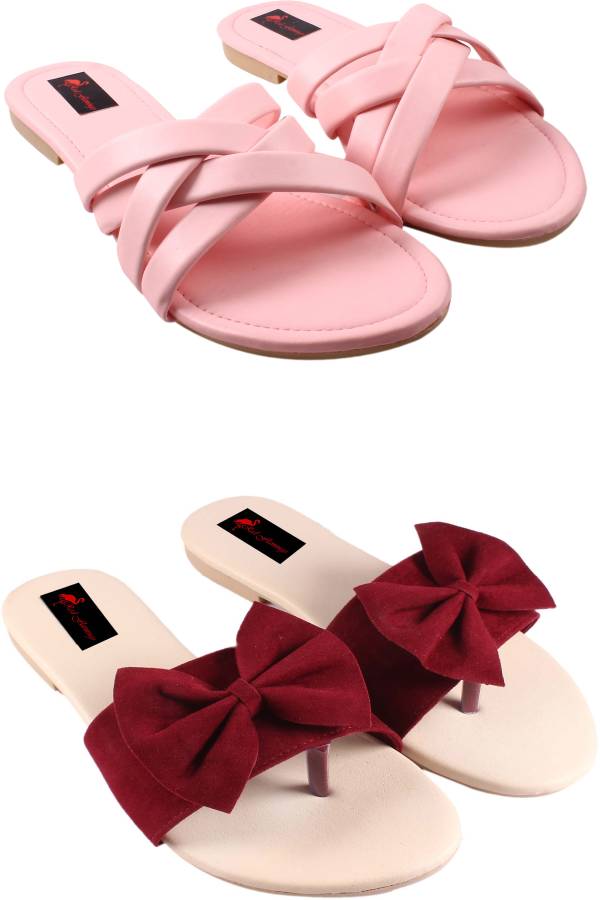 Women Maroon, Pink Flats Sandal Price in India