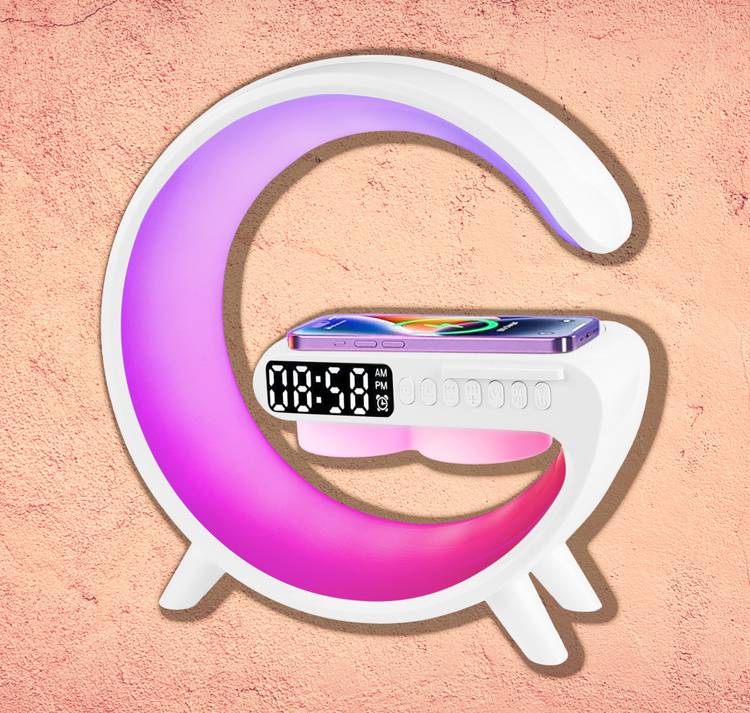 Harjio G Shape Table Lamp RGB Bluetooth Speaker with 15w Wireless Charger,Digital Clock 5 W Bluetooth Home Audio Speaker