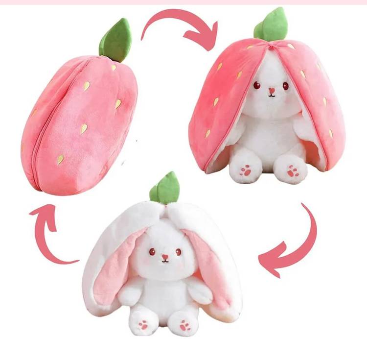 R C TRADERS Adorable Rabbit under a Strawberry - Trending Bunny Soft Toy - 34 cm