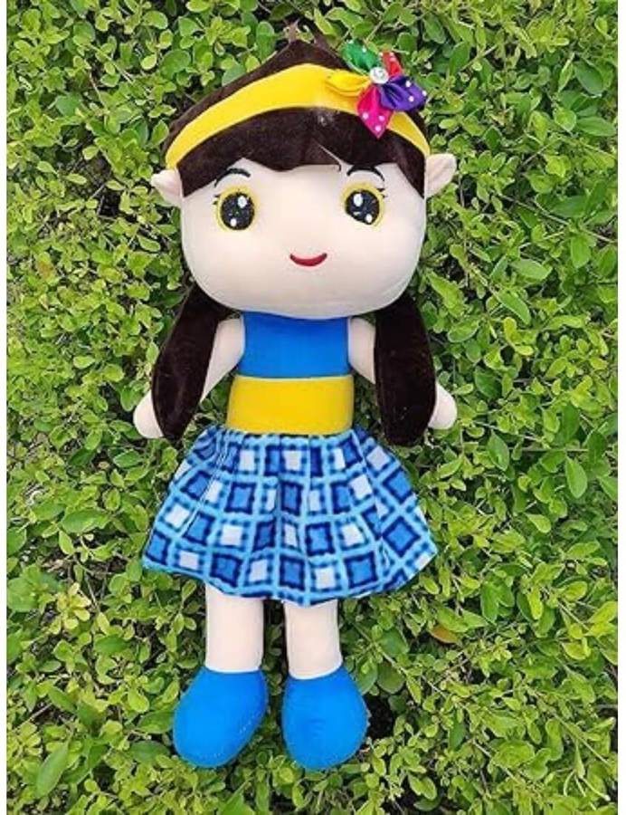 Khatu shyam Soft Huggable Beautiful Attractive Stuffed Doll for Girls Blue Chek Dress  - 35 cm