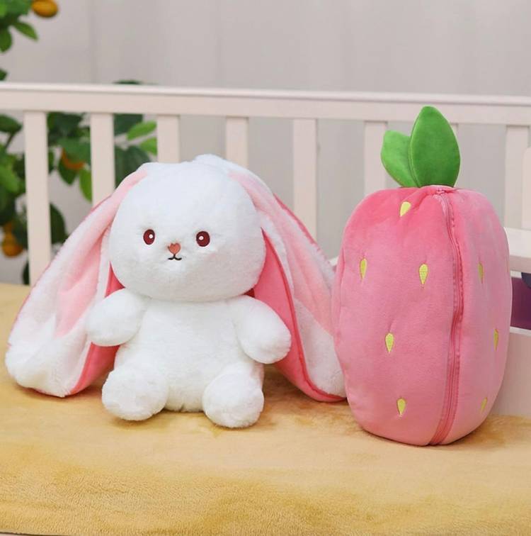 Bitsu Bobsu Reversible Bunny Plush Toy - Trendy Rabbit in a Strawberry Soft Toy  - 34 cm