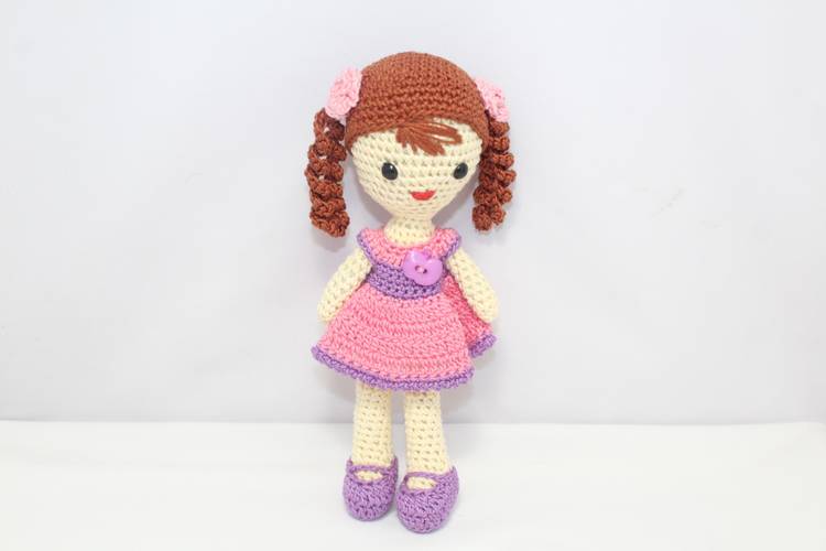 PH Artistic Handmade Amigurumi Crochet Quit Small Pink Frock Doll 2 ponytails Birthday Gift - 8 inch