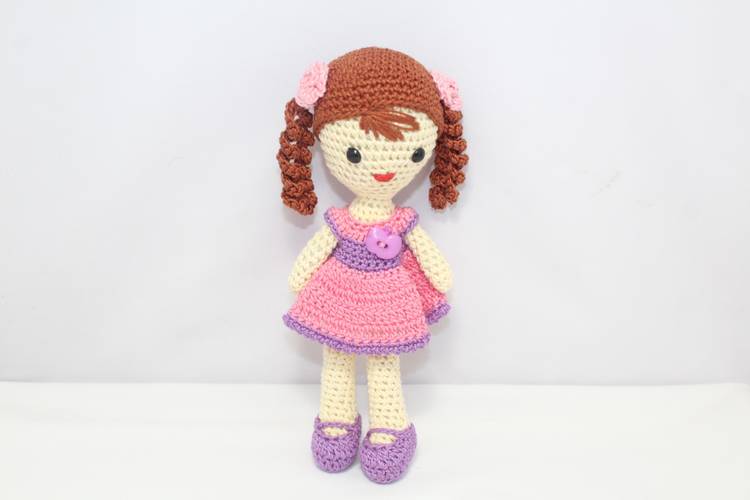 PH Artistic Handmade Amigurumi Crochet Quit Small Pink Frock Doll 2 ponytails Birthday Gift  - 8 inch