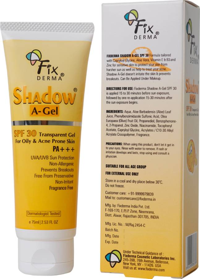 Fixderma Shadow A-Gel SPF 30 Sunscreen For Acne Prone Skin, Non-Oily, UVA UVB - SPF 30 PA+++ Price in India