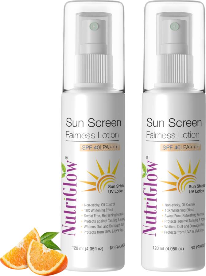 NutriGlow Sunscreen Fairness Lotion SPF 40 PA+++, Tan Free Skin,120ml, Pack of 2 - SPF 40 PA+++ Price in India