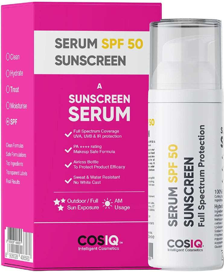 Cos-IQ SunProtect SPF-50 Outdoor Sunscreen Serum SPF 50 PA+++ 30ml | Only 2 Drops Full Coverage | Skin Safe, Matte Finish, Oil Free, Water Resistant, Broad Spectrum - SPF 50 PA++++ Price in India